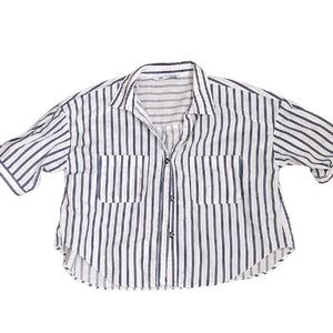 Zara Women’s Linen Button Down Shirt Blue and White Striped Size XL